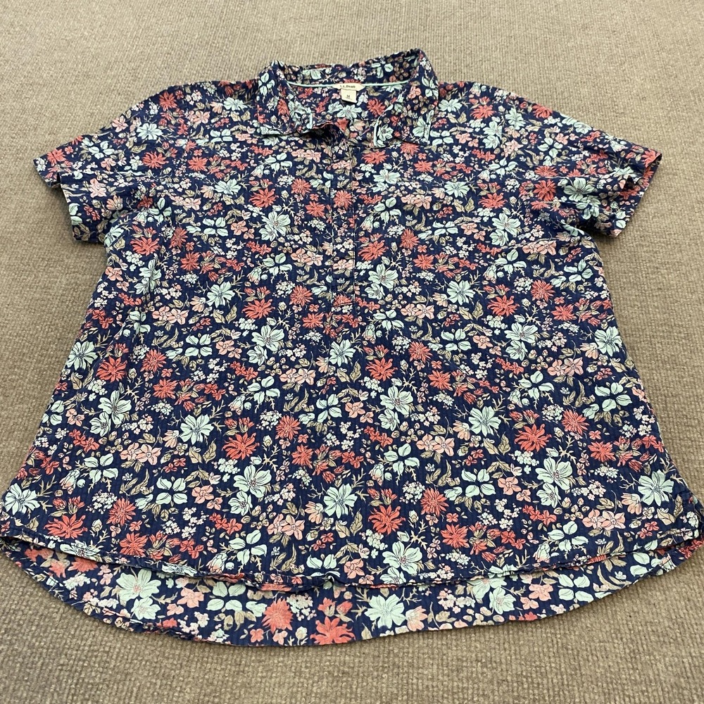 L.L. Bean Shirt Womens Medium Blue Floral Short Sleeve Button Front Casual Top
